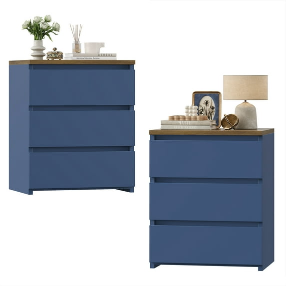 Homfa 3 Drawers Nightstand Set of 2, Small Sofa Table, Wooden Storage Cabinet for Living Room, Blue Finish