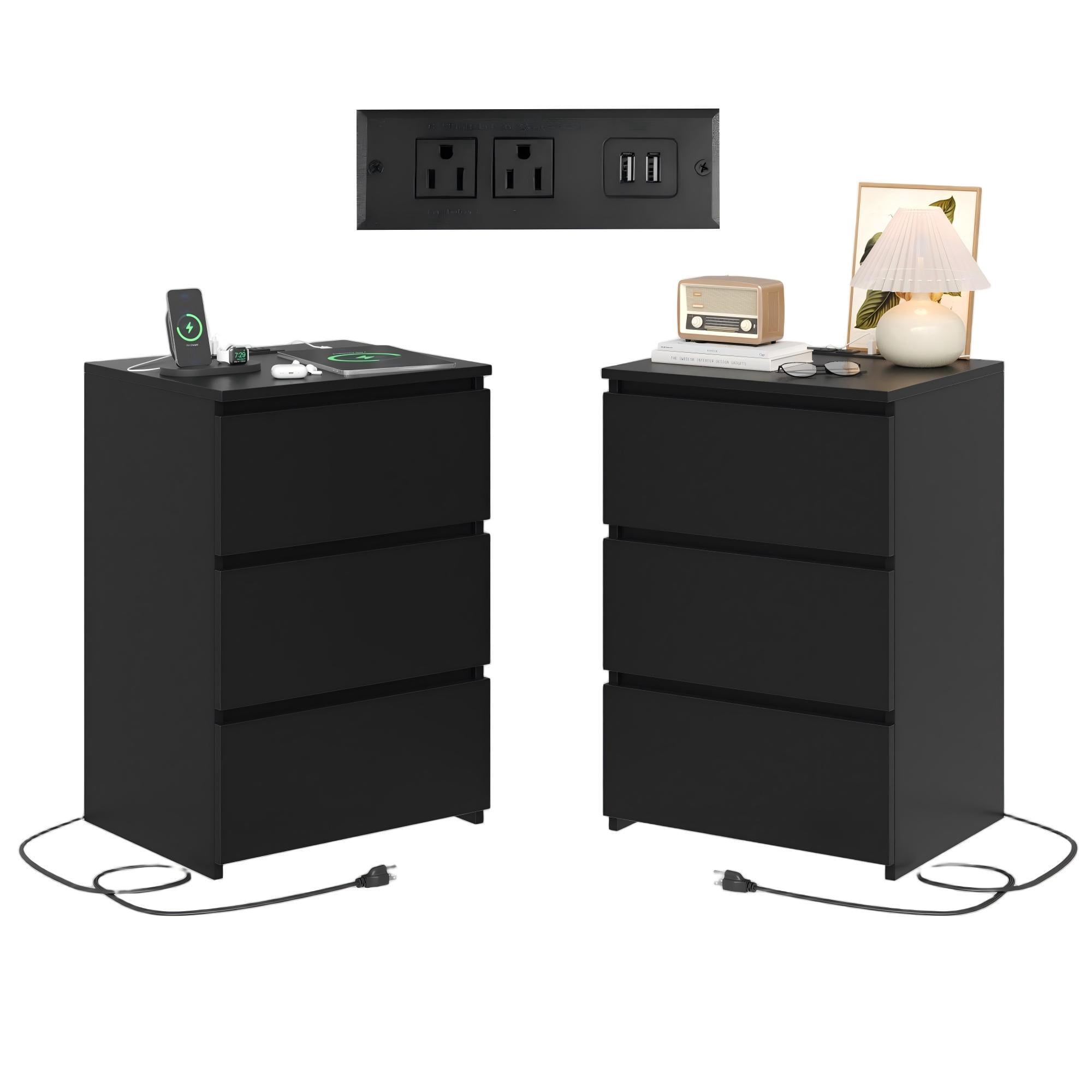 Homfa 3 Drawers Nightstand Set of 2 with Charging Station, Modern End Side Table, Wooden Storage Cabinet for Bedroom Living Room, Black