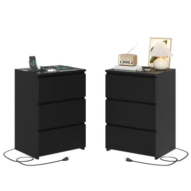 Homfa 3 Drawers Nightstand Set of 2 with Charging Station, Modern End Side Table, Wooden Storage Cabinet for Bedroom Living Room, Black