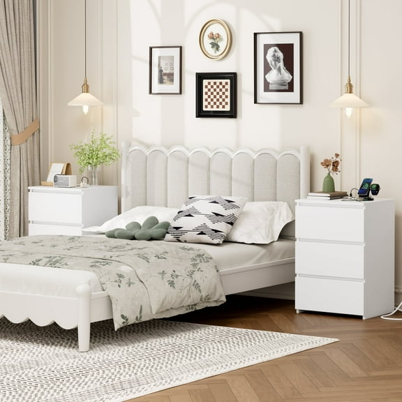 Homfa 3 Drawers Nightstand Set of 2 with Charging Station, White End Side Table for Living Room, Wooden Storage Table for Bedroom, White