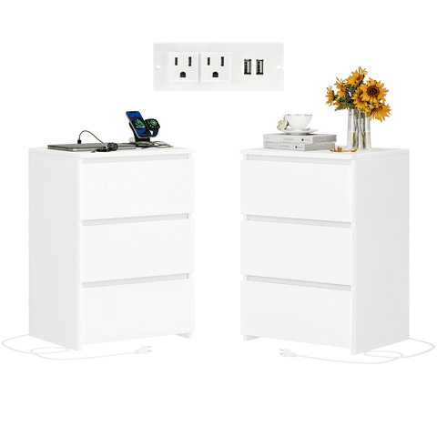 Homfa 3 Drawers Nightstand Set of 2 with Charging Station, White End Side Table for Living Room, Wooden Storage Table for Bedroom, White