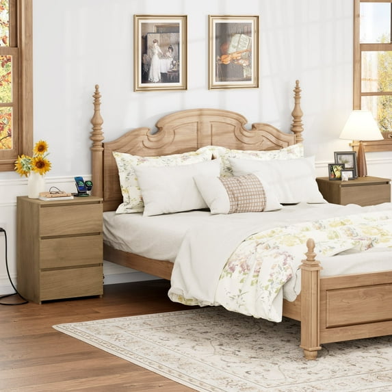 Homfa 3 Drawers Nightstand Set of 2 with Charging Station, Modern End Side Table for Living Room, Wooden Storage Table for Bedroom, Wood Grain