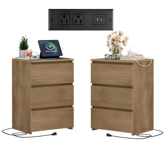Homfa 3 Drawers Nightstand Set of 2 with Charging Station, Modern End Side Table for Living Room, Wooden Storage Table for Bedroom, Wood Grain