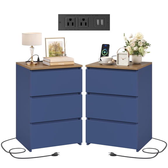 Homfa 3 Drawers Nightstand with Charging Station Set of 2, Modern End Side Table for Living Room, Wooden Storage Table for Bedroom, Blue