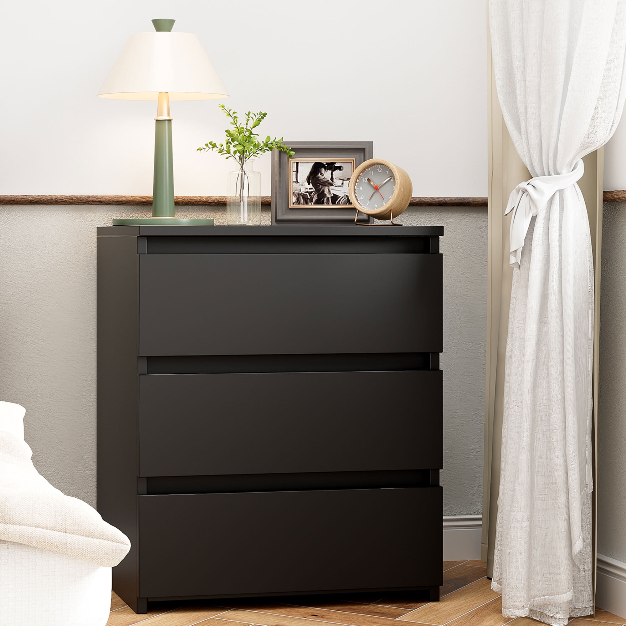 Homfa 3 Drawers Nightstand Small Sofa Table Wooden Storage Cabinet for Living Room Black Finish