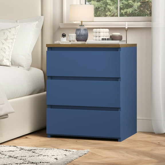Homfa 3 Drawers Nightstand, Small Sofa Table, Wooden Storage Cabinet for Living Room, Blue Finish