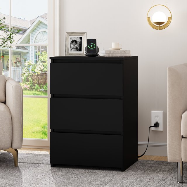 Homfa 3 Drawers Nightstand with Charging Station, Modern End Side Table ...