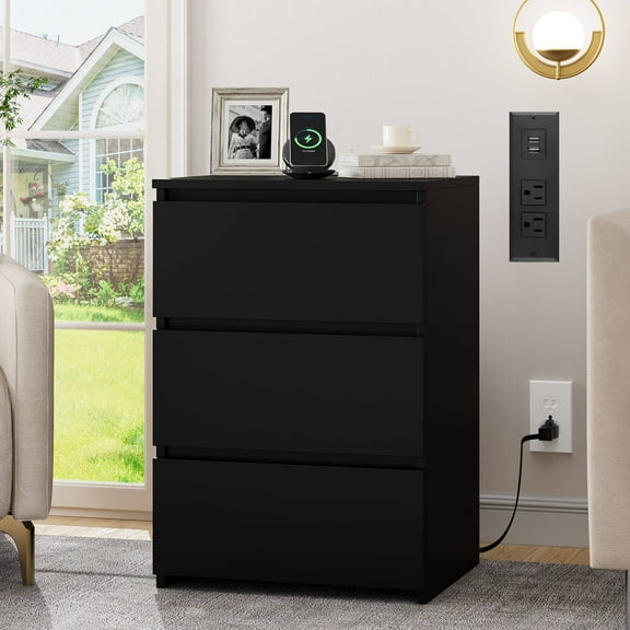 Homfa 3 Drawers Nightstand with Charging Station, Side Table with Storage for Living Room, Black Bedside Nightstand for Bedroom