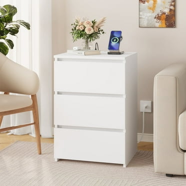 Homfa 3 Drawers Nightstand with Charging Station, Side Table with Storage for Living Room, White Bedside Nightstand for Bedroom