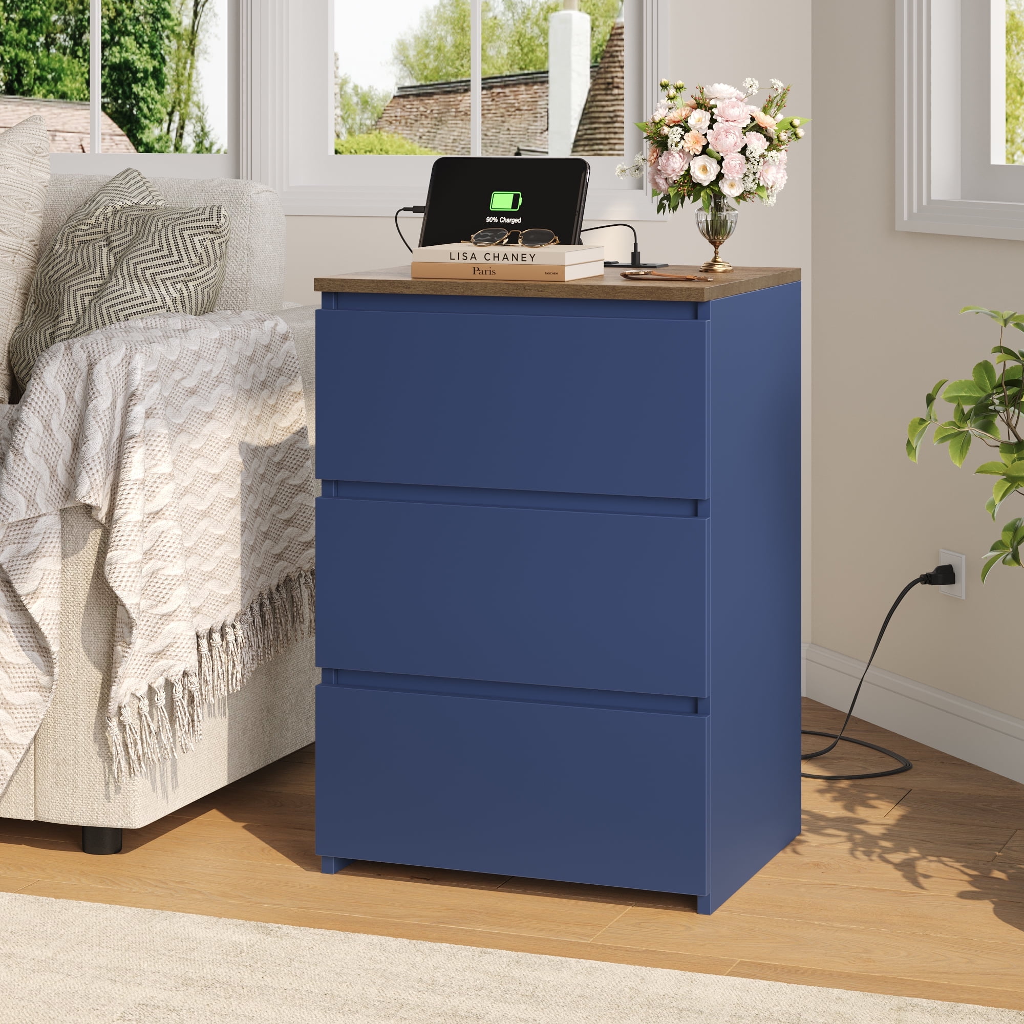 Homfa 3 Drawers Nightstand with Charging Station, Side Table with Storage for Living Room, Bedside Nightstand for Bedroom, Blue