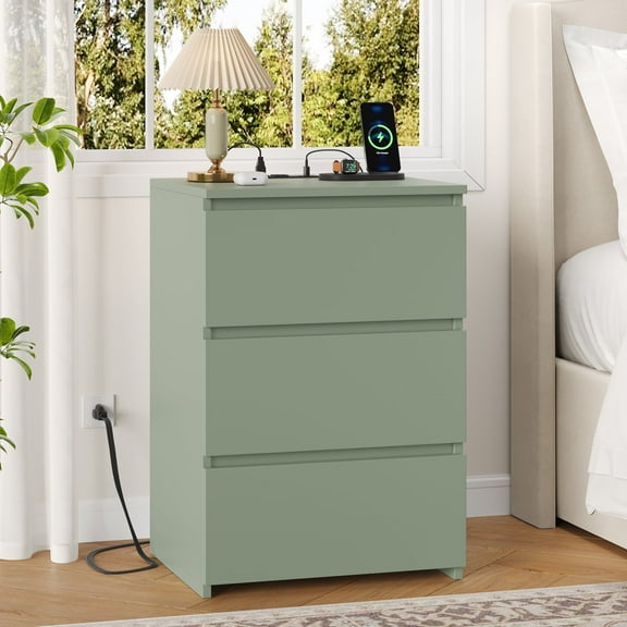 Homfa 3 Drawers Nightstand with Charging Station, Side Table with Storage for Living Room, Bedside Nightstand for Bedroom, Green