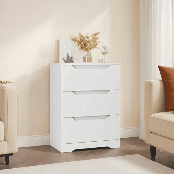 Homfa 3 Drawers White Dresser, 23.6'' W Nightstand Chest of Drawer with Cutout Handles for Living Room