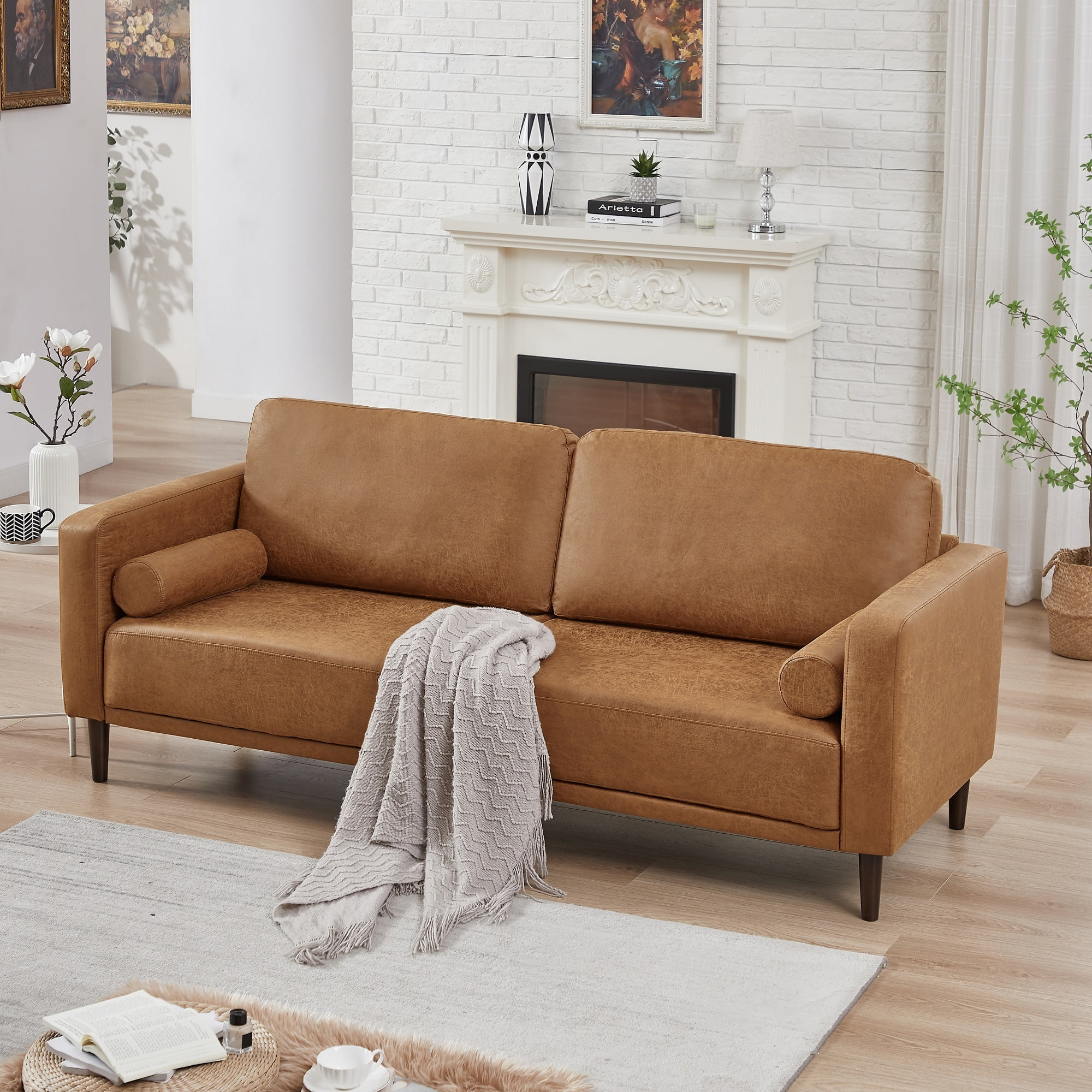 Homfa 3 Seat Sofa, 78.9\'\' Modern Large Upholstered PU Couch with Square  Arm, Camel