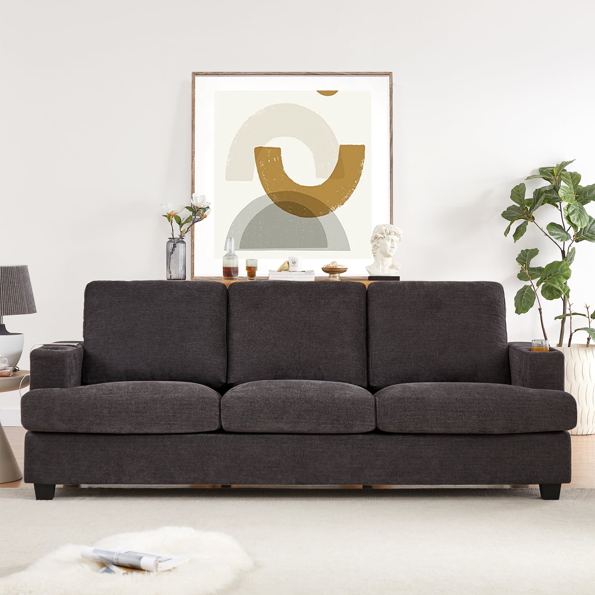 Homfa 3 Seat Sofa with USB Charging Ports & Cup Holders, 89'' Modern Chenille Upholstered Couch for Living Room, Dark Gray