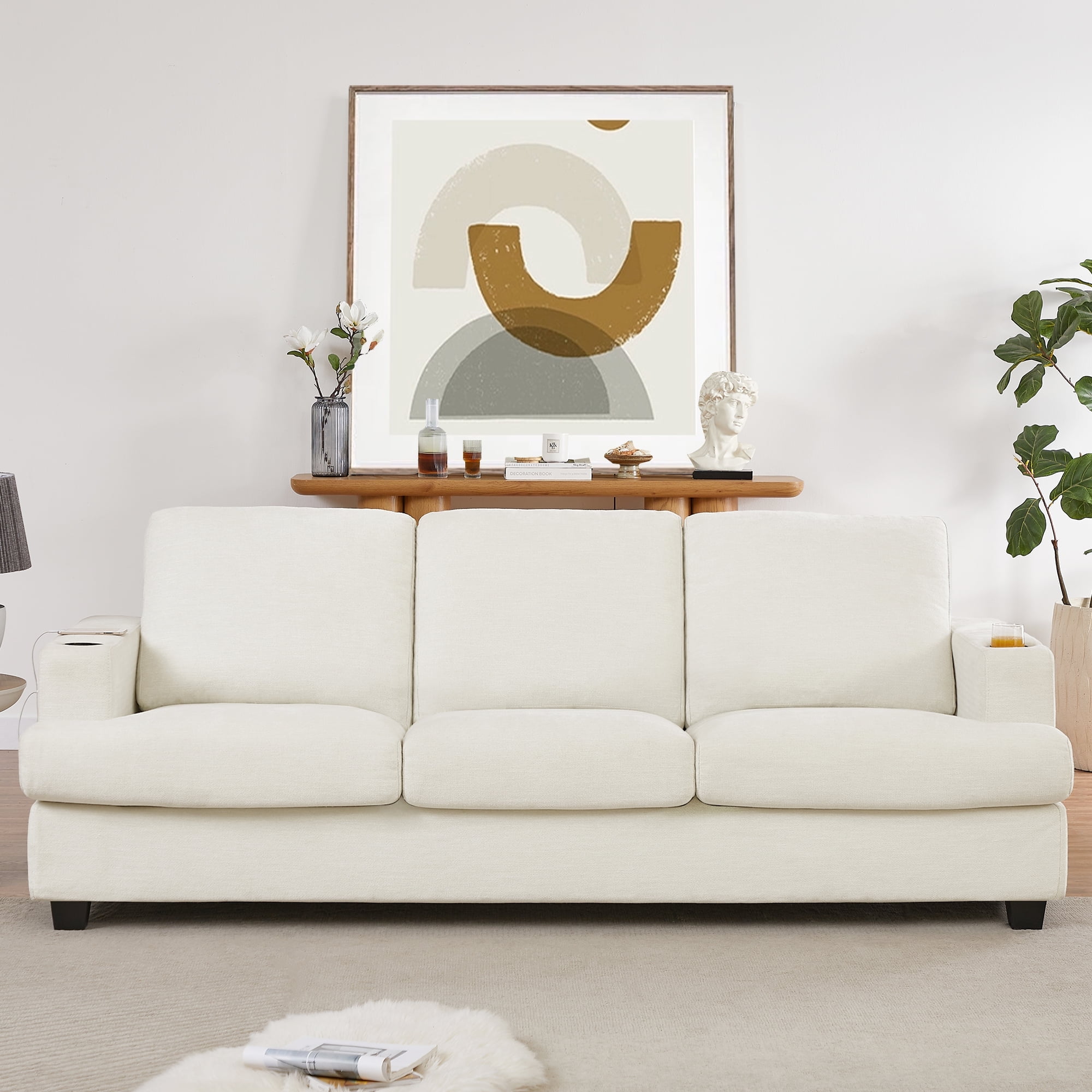 Homfa 3-Seat Chenille Fabric Sofa with USB Ports & Cup Holders, 89 