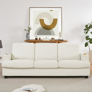Homfa 3 Seat Sofa with USB Charging Ports & Cup Holders, 89'' Modern Chenille Upholstered Couch for Living Room, White
