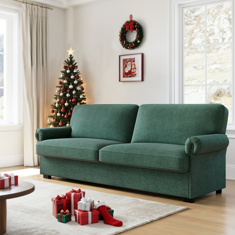 Homfa 70.9W 3 Seater Couch Linen Fabric Upholstered Loveseat Sofa with Removable Cushion Covers and Round Armrest Green
