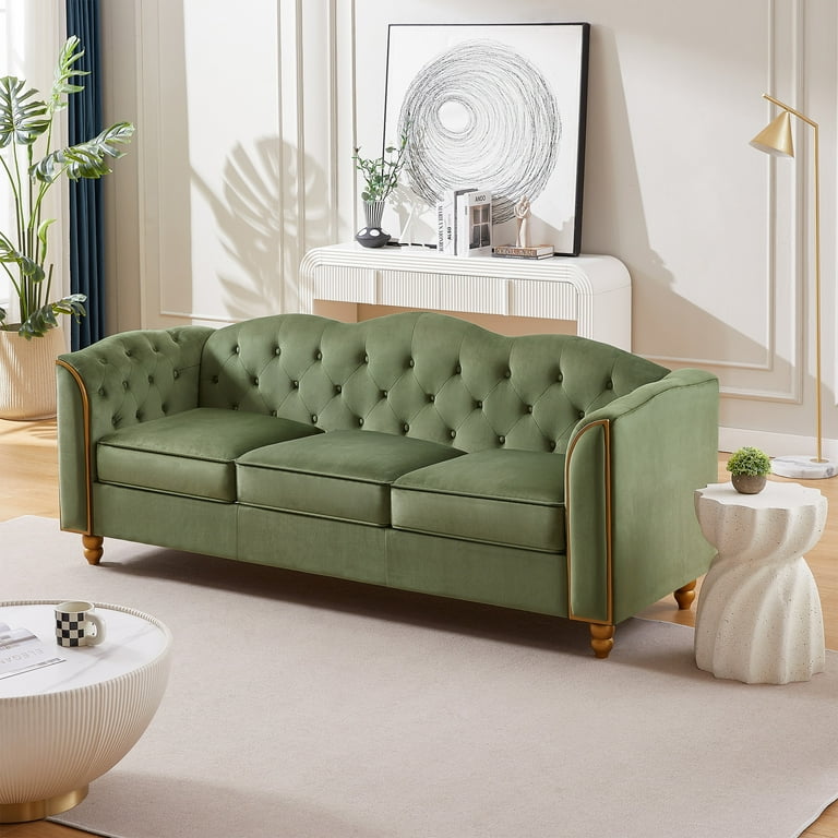 Homfa 3 Seater Sofa 78.7 Modern Large Velvet Button Upholstered Couch with Golden Wood Legs Green