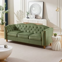 Homfa 3 Seater Sofa, 78.7'' Modern Large Velvet Button Upholstered Couch with Golden Wood Legs, Green
