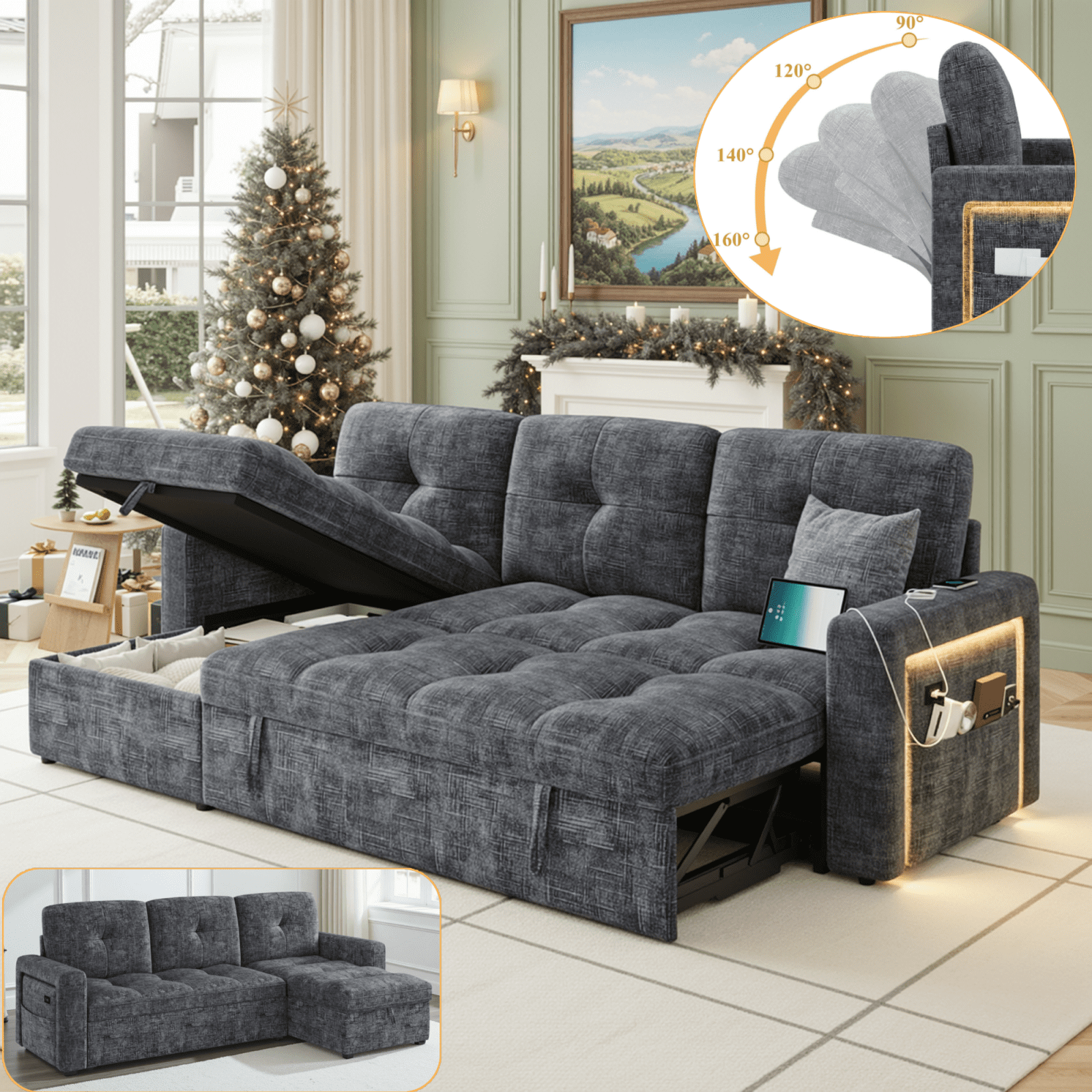 Homfa 81" Sleeper Sofa Bed with Storage Chaise Couch & USB Charging ...