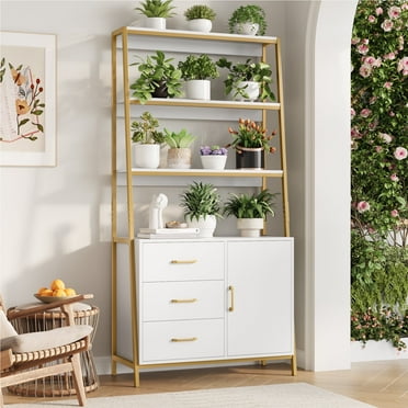 Homfa 3 Tier Display Bookcase with 3 Drawers, Gold Metal Frame Bookshelf for Living room, White Finish