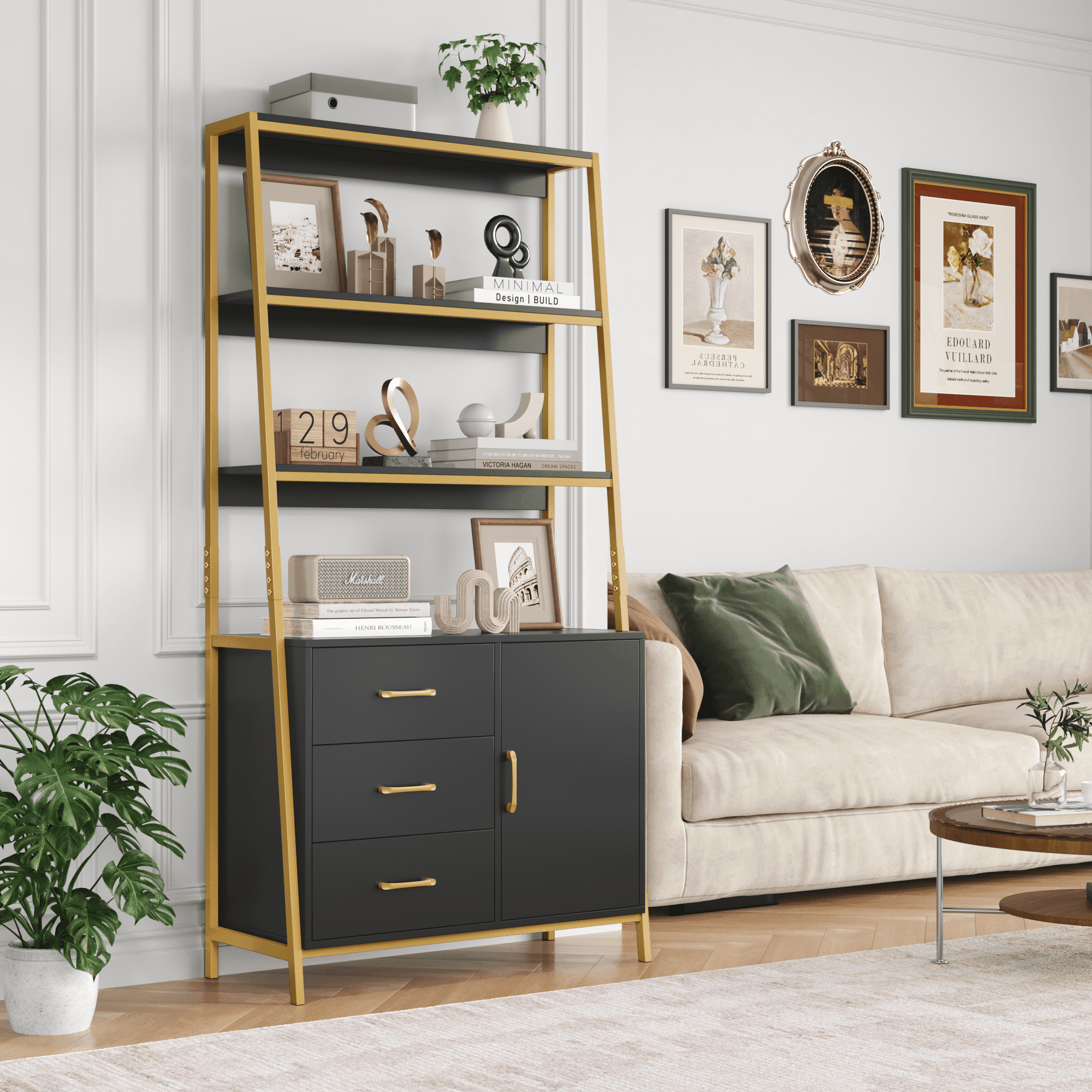 Homfa 3 Tier Display Storage Shelves with 3 Drawers, Gold Metal