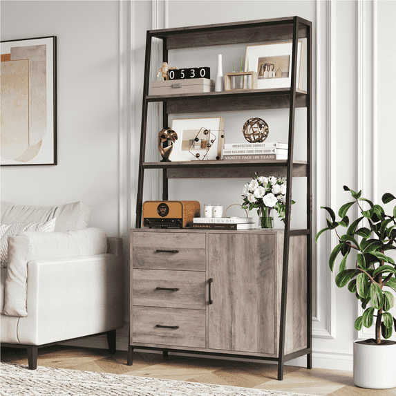 Homfa 3 Tier Metal Frame Ladder Bookshelf, Display Storage Shelves with 3 Drawers, Gray Finish