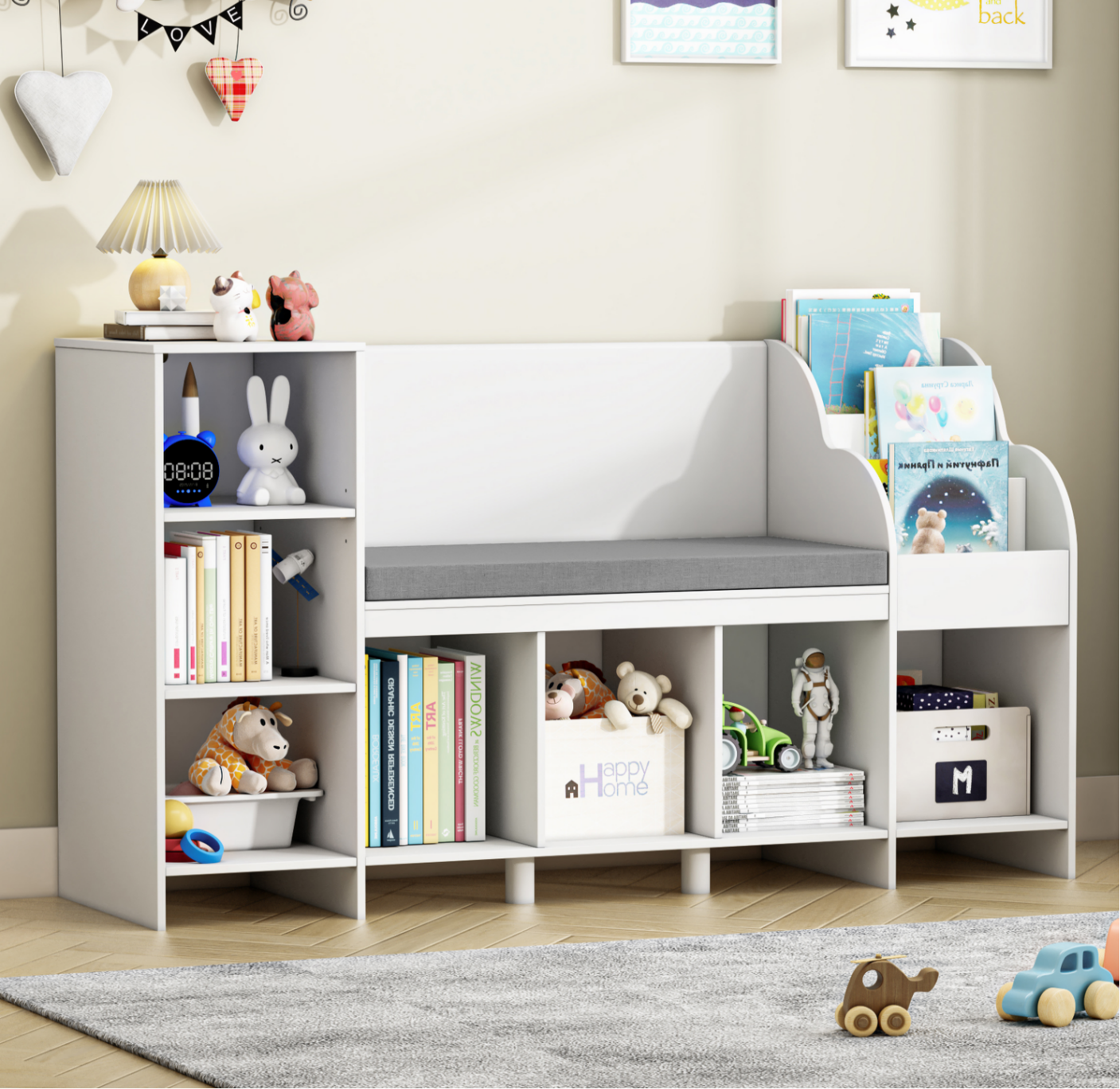 Guidecraft Toy Storage Organizer White Kids' Wooden Multi Shelf Cubby with Bins for Books