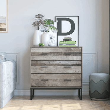 Homfa 31.5''Wide 3 Drawer Dresser, Wood Storage Cabinet Nightstand for Bedroom Living Room, Wash Gray