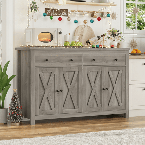 Homfa 55.1'' W Kitchen Buffet Storage Cabinet with Adjustable Shelves, 4-Doors 2-Drawers Sideboard Storage Cabinet, Gray