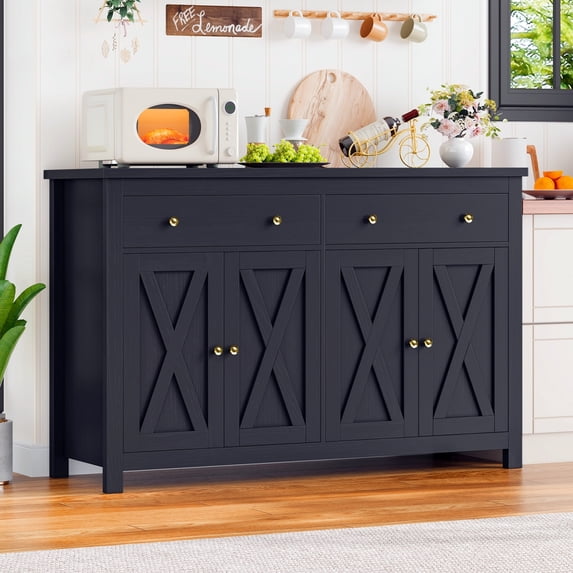 Homfa 55.1'' W Kitchen Buffet Storage Cabinet with Adjustable Shelves, 4-Doors 2-Drawers Sideboard Storage Cabinet, Black