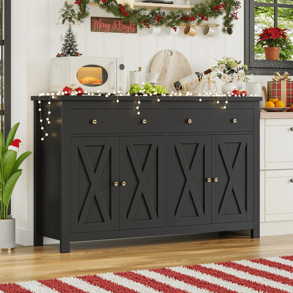 Homfa 55.1'' W Kitchen Buffet Storage Cabinet with Adjustable Shelves, 4-Doors 2-Drawers Sideboard Storage Cabinet, Black