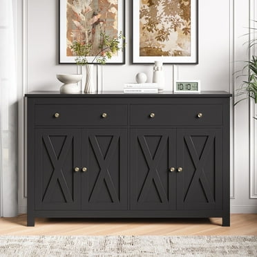 Homfa 55.1'' W 4-Doors 2-Drawers Farmhouse Kitchen Buffet Cabinet with Storage, Wood Sideboard with Adjustable Shelves, Black