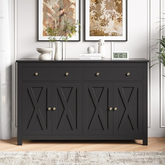 Homfa 55.1'' W 4-Doors 2-Drawers Farmhouse Kitchen Buffet Cabinet with Storage, Wood Sideboard with Adjustable Shelves, Black