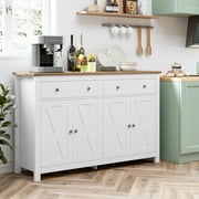 Homfa 4-Doors 2-Drawers Farmhouse Storage Cabinet, Wood Sideboard with Adjustable Shelves for Kitchen Dining Room, White