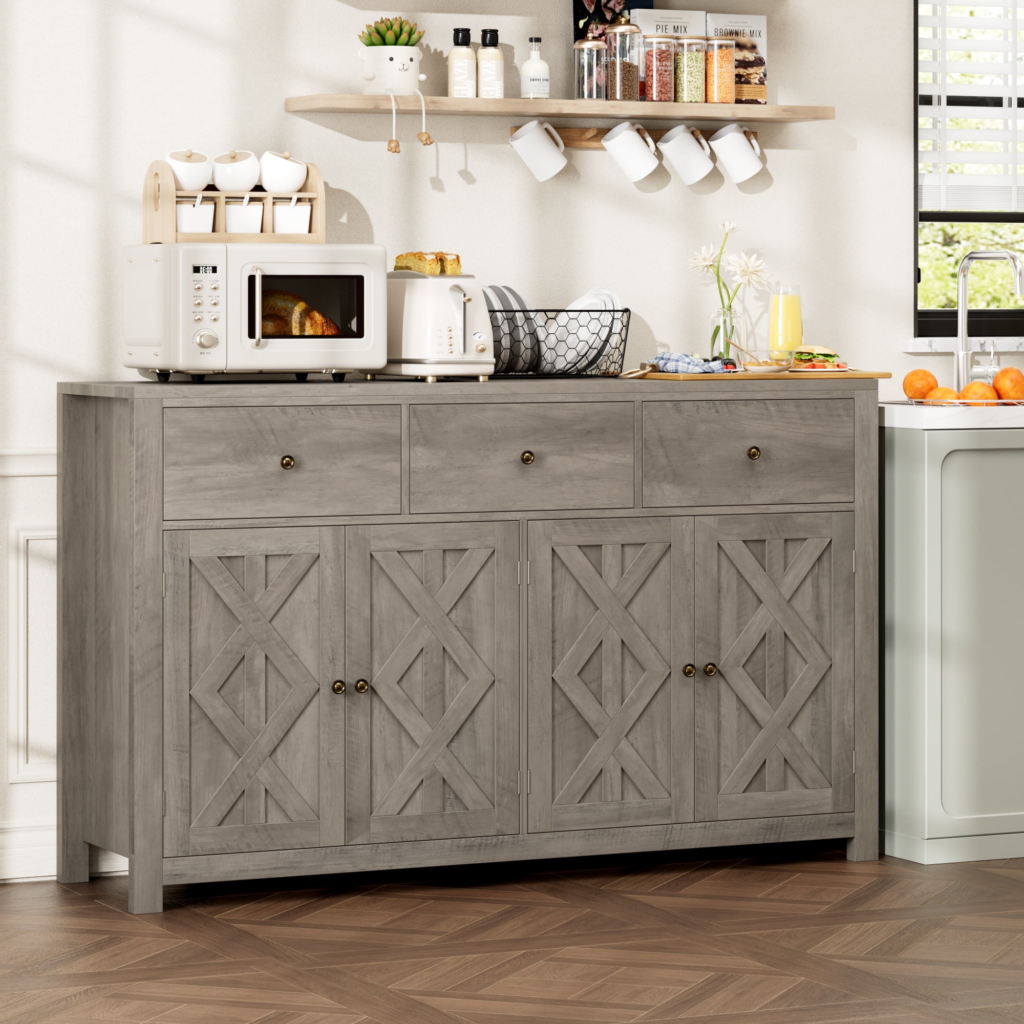 Free Shipping! Homfa 3 Drawers Kitchen Sideboard, Modern 4-Door Buffet Coffee Bar with Adjustable Shelves, White - Walmart.com Free Shipping! Homfa 3 Drawers Kitchen Sideboard, Modern 4-Door Buffet Coffee Bar with Adjustable Shelves, White - Walmart.com