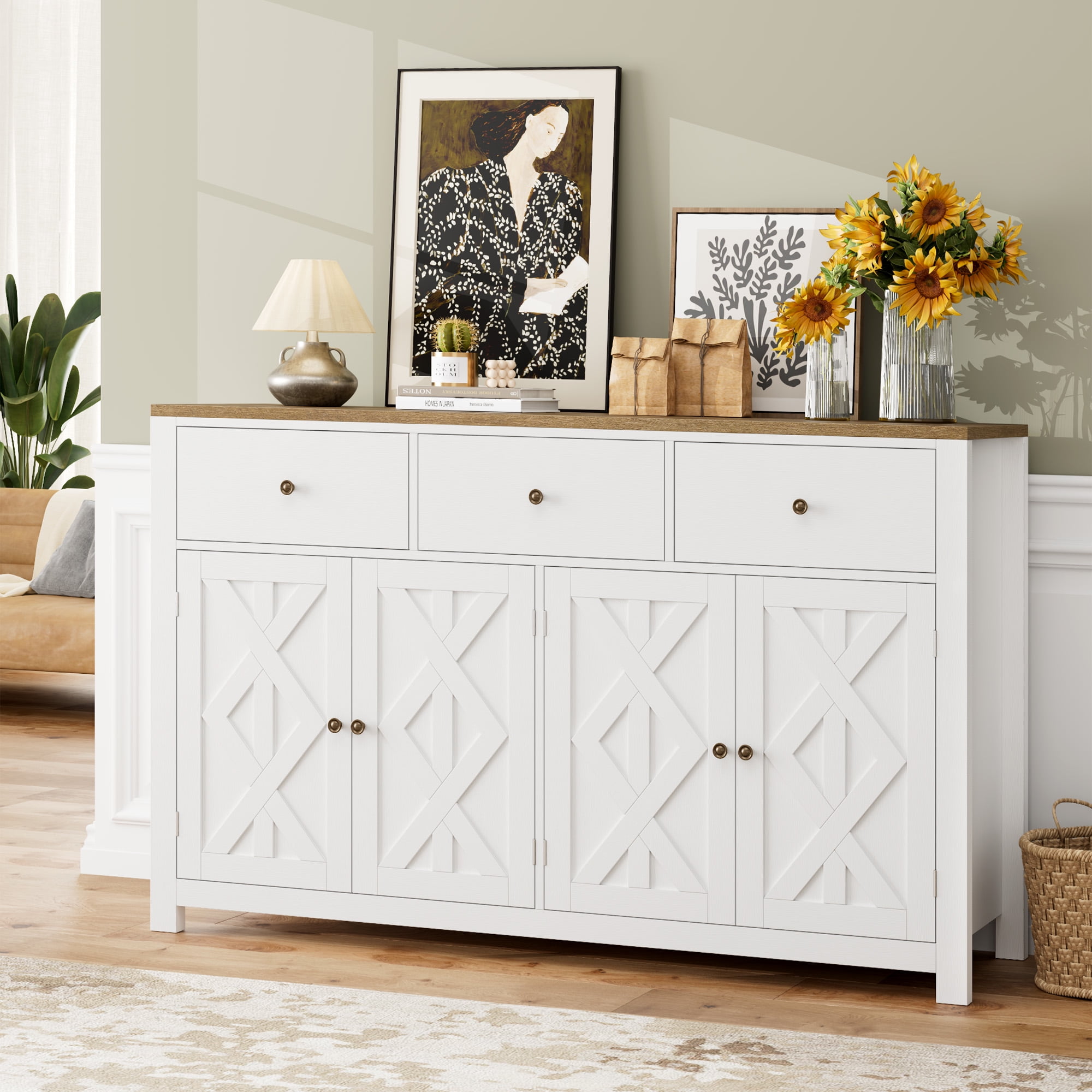 Homfa 4-Doors 3-Drawers Farmhouse Storage Cabinet, Wood Kitchen ...