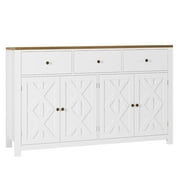 Homfa 4-Doors 3-Drawers Farmhouse Storage Cabinet, Wood Kitchen Sideboard with Adjustable Shelves, White