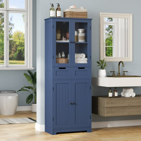 Homfa 4 Doors Bathroom Cabinet, 3-Tier Wood Tall Linen Storage Cabinet with 2 Drawers for Living Room, Blue