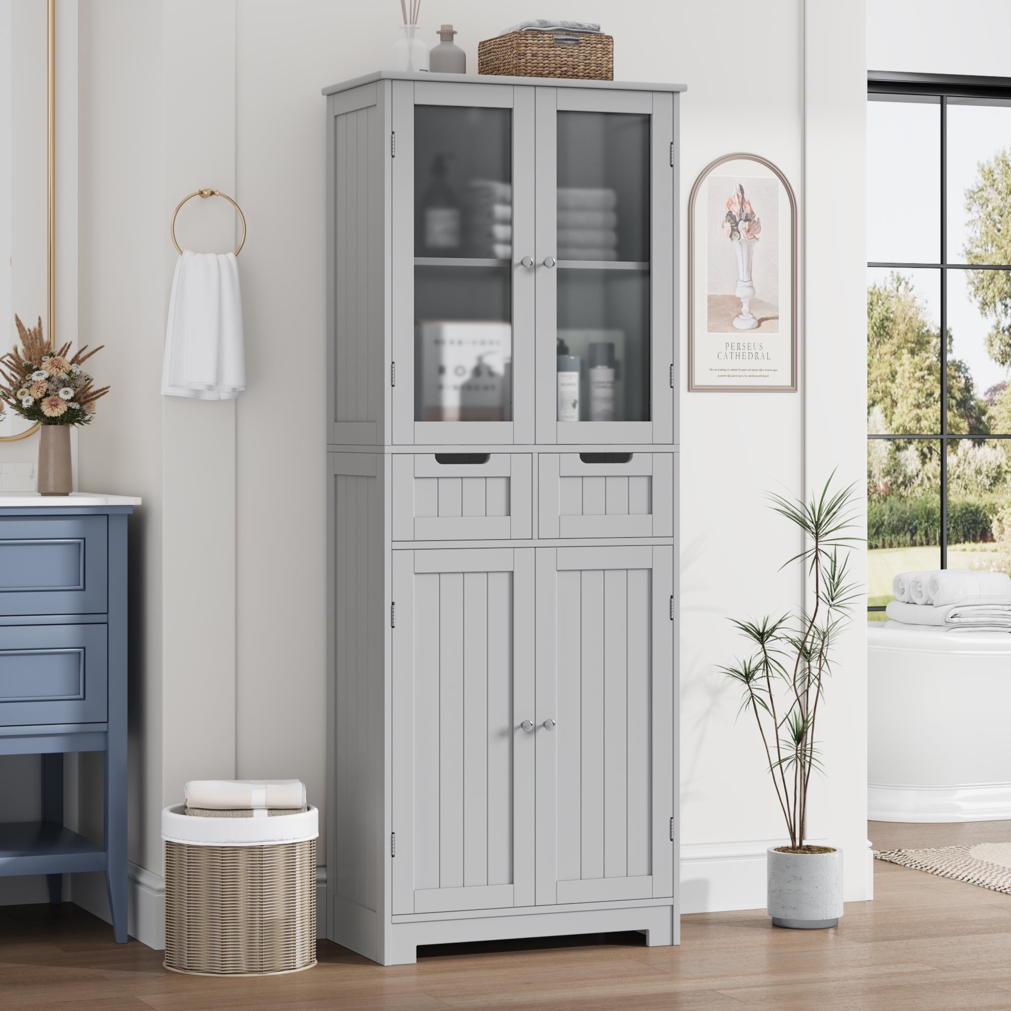 Homfa 4 Doors Bathroom Cabinet, 3-Tier Wood Tall Linen Storage Cabinet with 2 Drawers for Living Room, Gray