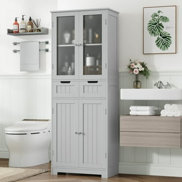 Homfa 4 Doors Bathroom Cabinet, 3-Tier Wood Tall Linen Storage Cabinet with 2 Drawers for Living Room, Gray