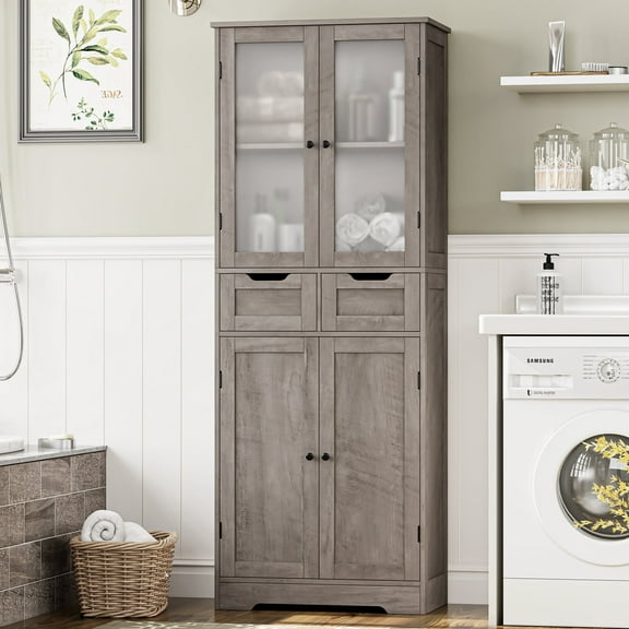 Homfa 4 Doors Bathroom Cabinet, 3-Tier Wood Tall Linen Storage Cabinet with 2 Drawers for Living Room Office, Gray