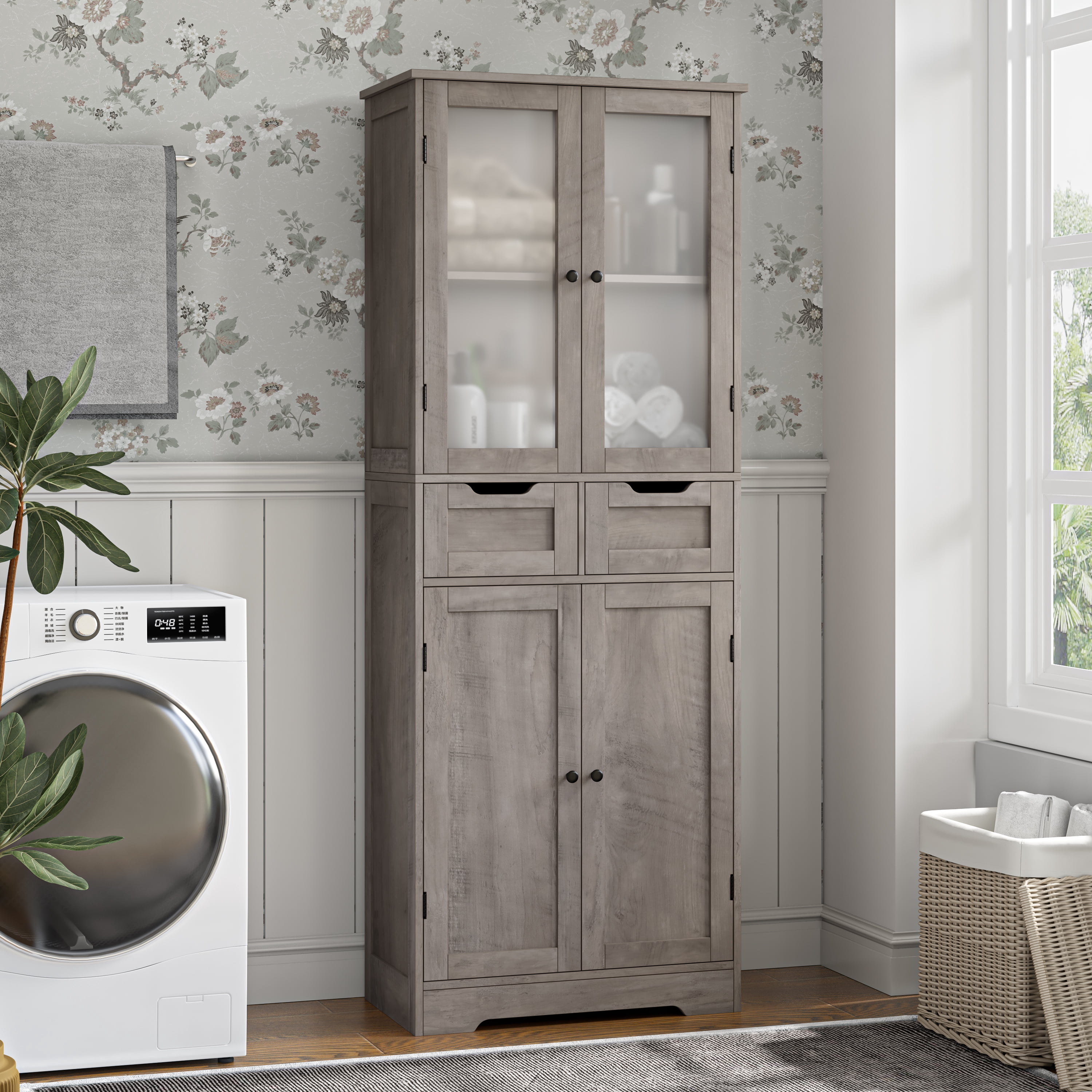 Homfa 4 Doors Bathroom Linen Storage Cabinet, Frosted Glass Wood Tall ...