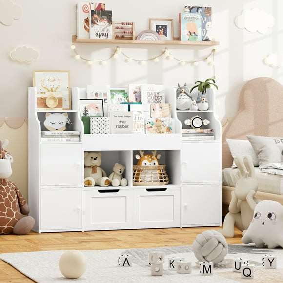 Homfa 4 Doors Kids Bookcase with 3 Tier Book Racks & 2 Mobile Drawers, 4 Cube Bookshelves Toy Storage Organizer for Playroom Kids Room, White