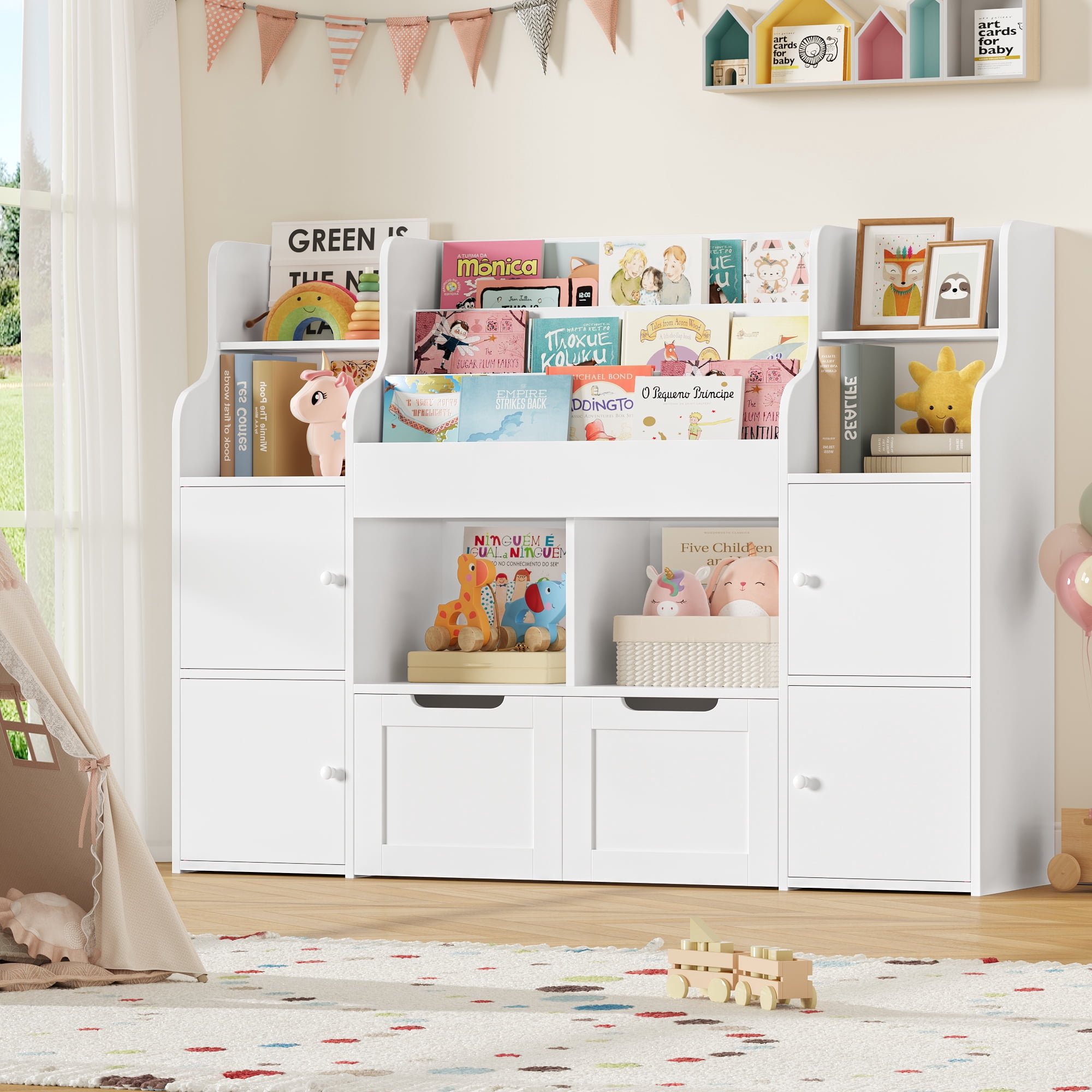 Homfa Kids Bookshelf with Bins, White Organizer, 3-Tier Racks, 2