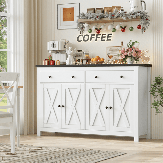 Homfa 55.1'' W Kitchen Buffet Storage Cabinet with Adjustable Shelves, 4-Doors 2-Drawers Sideboard Storage Cabinet, White/Black