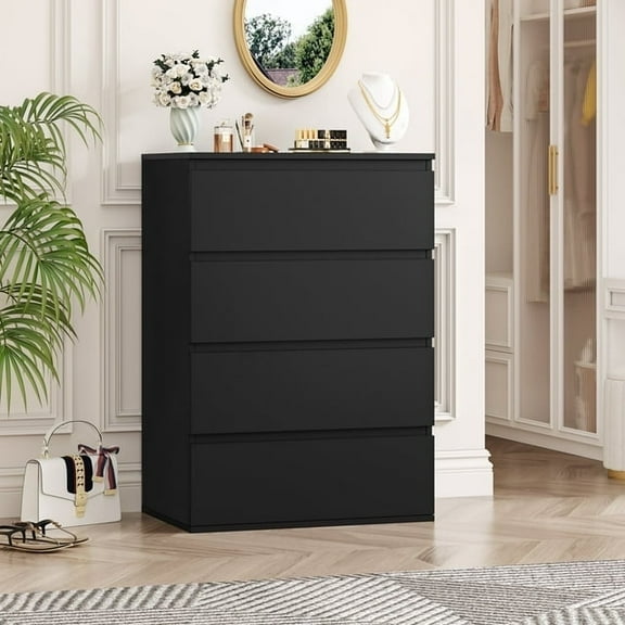 Homfa 4 Drawer Dresser for Bedroom, Modern Storage Cabinet Chest of Drawers Wood Nightstand for Living Room, Black