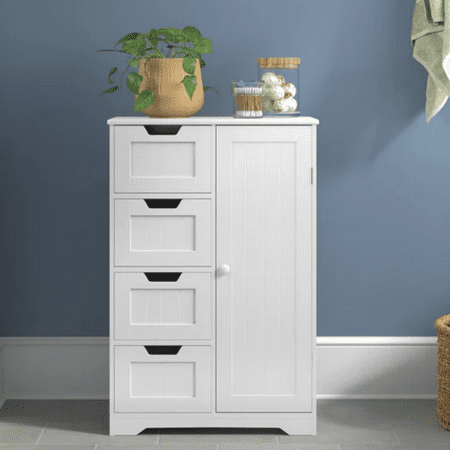Homfa 4 Drawer Linen Bathroom Cabinet, Wooden Cupboard Storage Cabinet with Adjustable Shelf, White Finish