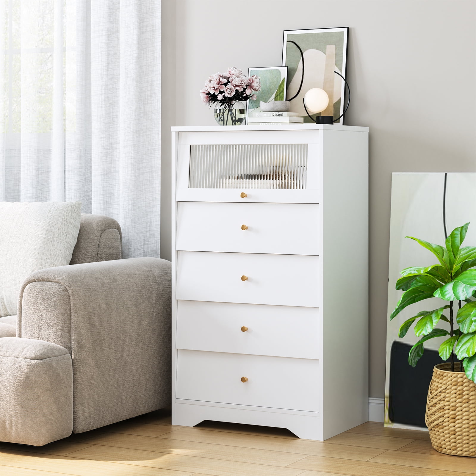 Homfa 4 Drawer Tall White Bedroom Dresser Night Stand with 1 Flip Up