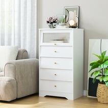 Homfa 4 Drawer Tall White Bedroom Dresser Night Stand with 1 Flip Up Glass Door, Modern Wood Storage Cabinet for Living Room Hallway